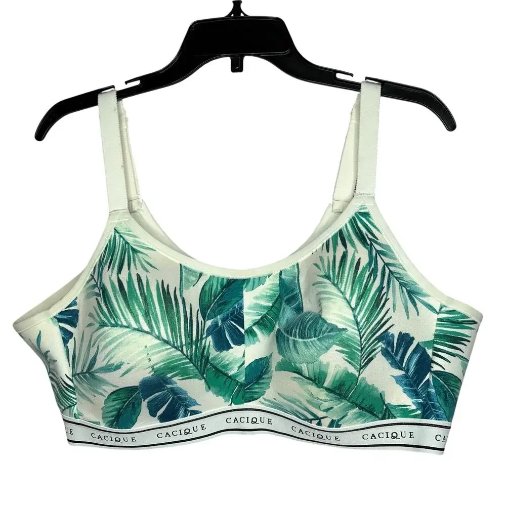 Lane Bryant Cacique Athletic Palm Leaf Tropical Wire Free Soft Cup Bra Size 44B